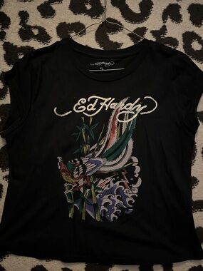 Ed Hardy black tee with multicolor crane graphic and gold writing